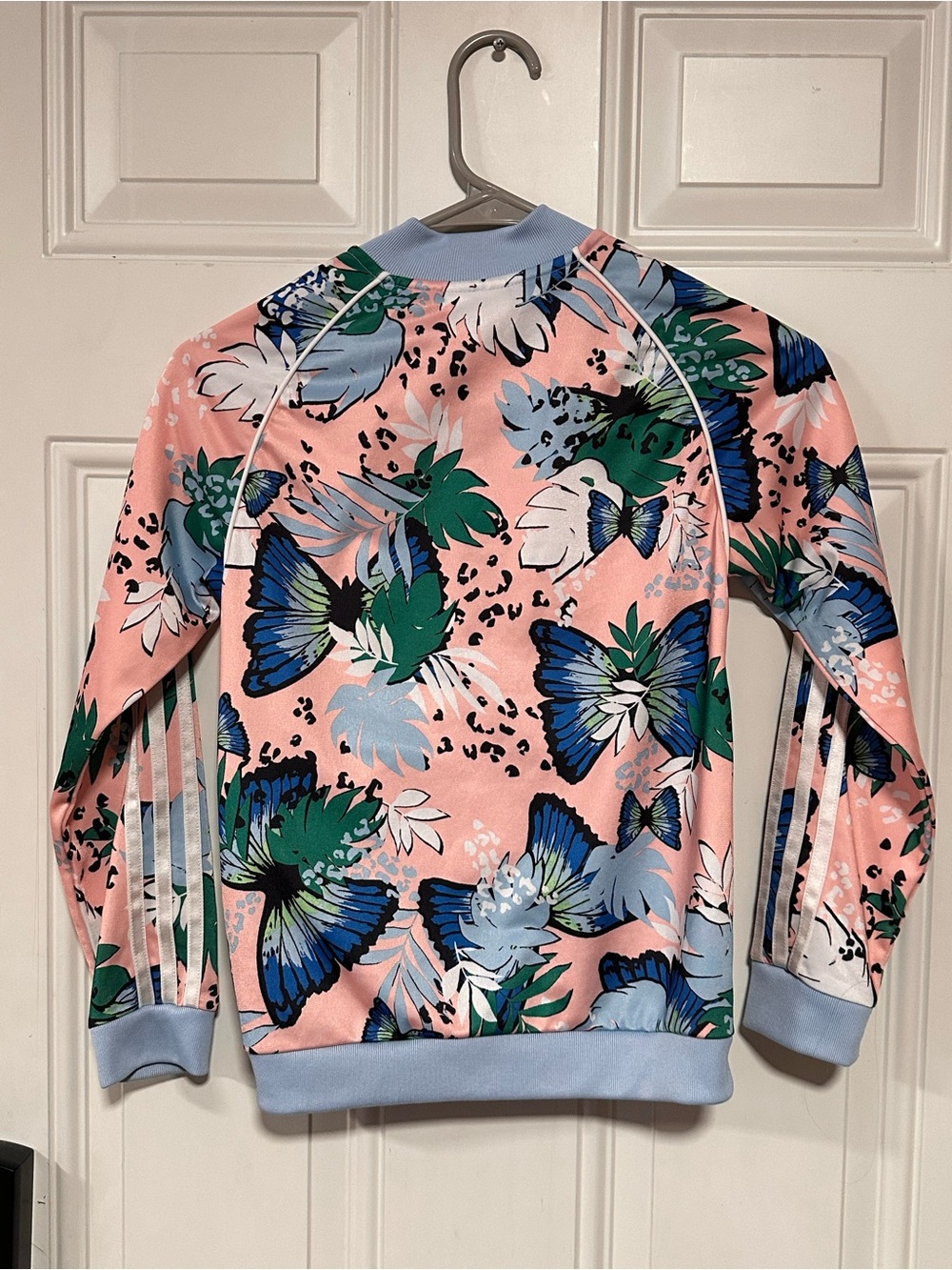 Adidas Pink Floral & Butterfly Track Jacket with Blue Trim - Picture 2 of 5